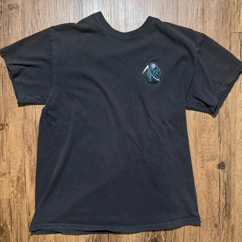 Vintage black and blue embroidered death reaper tee shirt